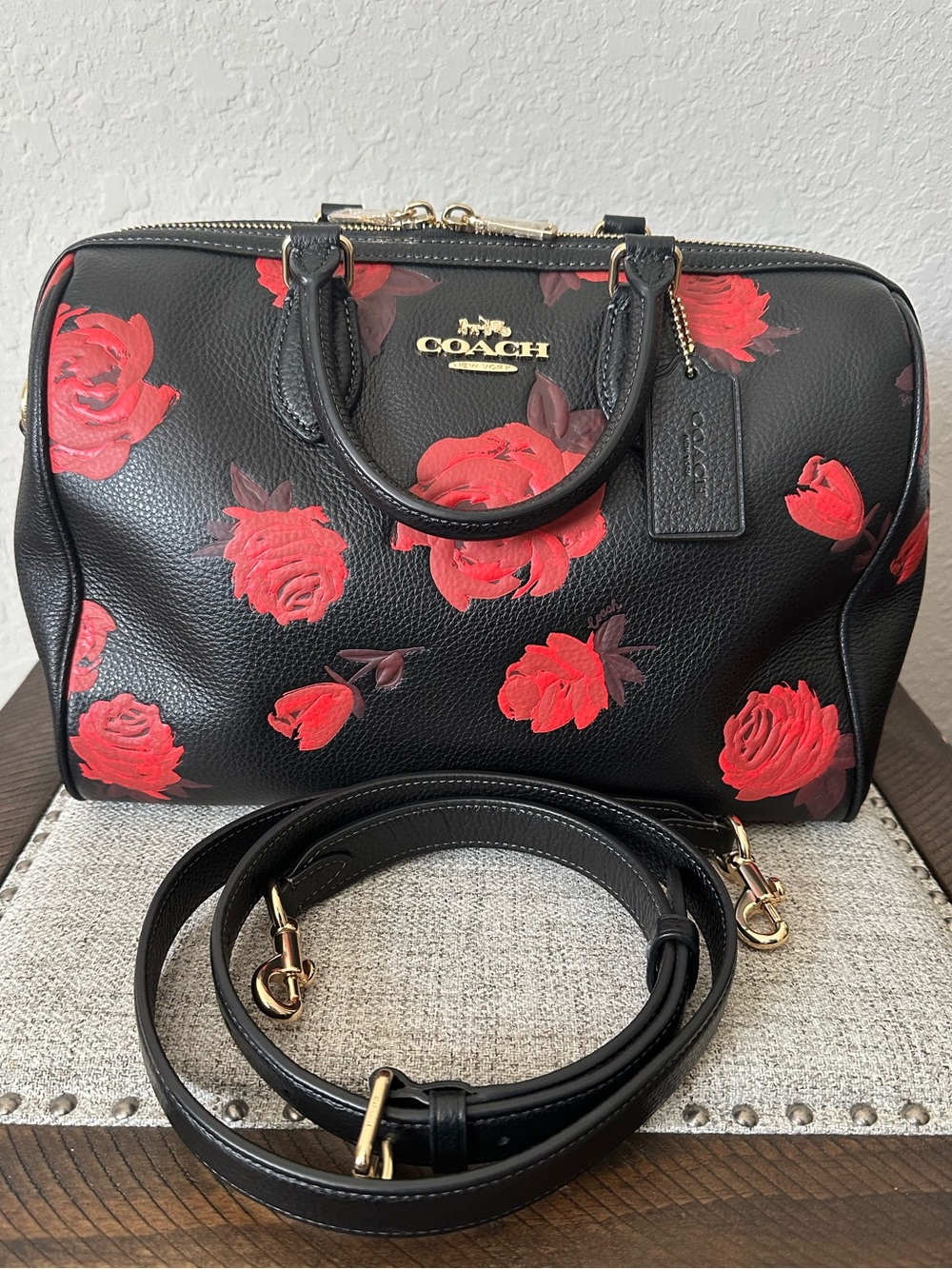 Coach Rowan Large Satchel Bag With Floral Print in Black/Red